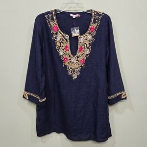 Calypso St Barth Linen Tunic Top Large‎ Beaded Embroidered Boho Navy Blue Travel